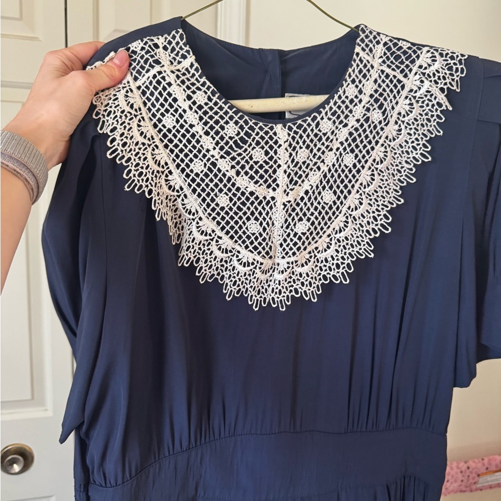 Karin Stevens Blue Dress with White Lace Collar